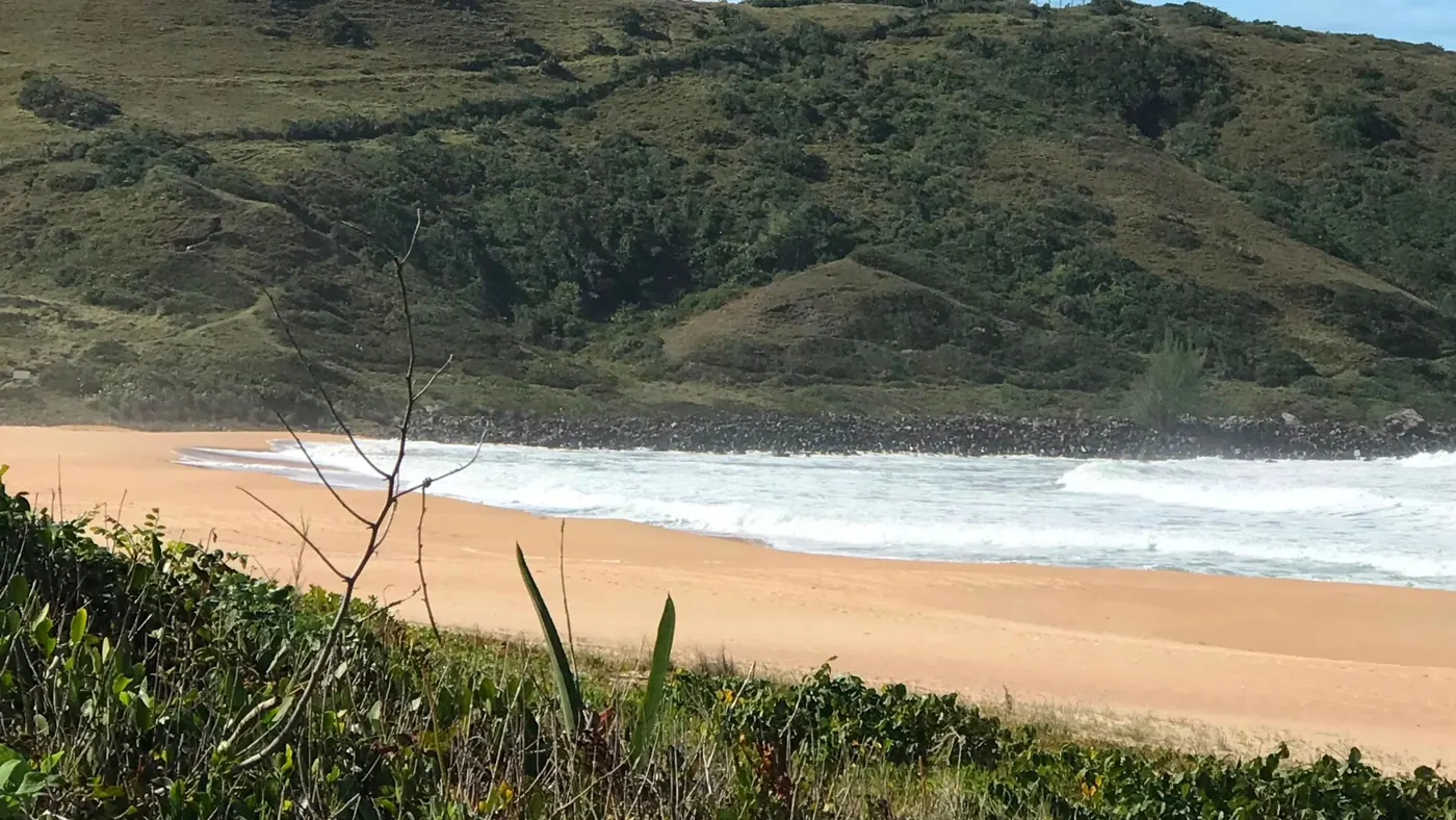 Praia de areia clara cercada por morros verdes
